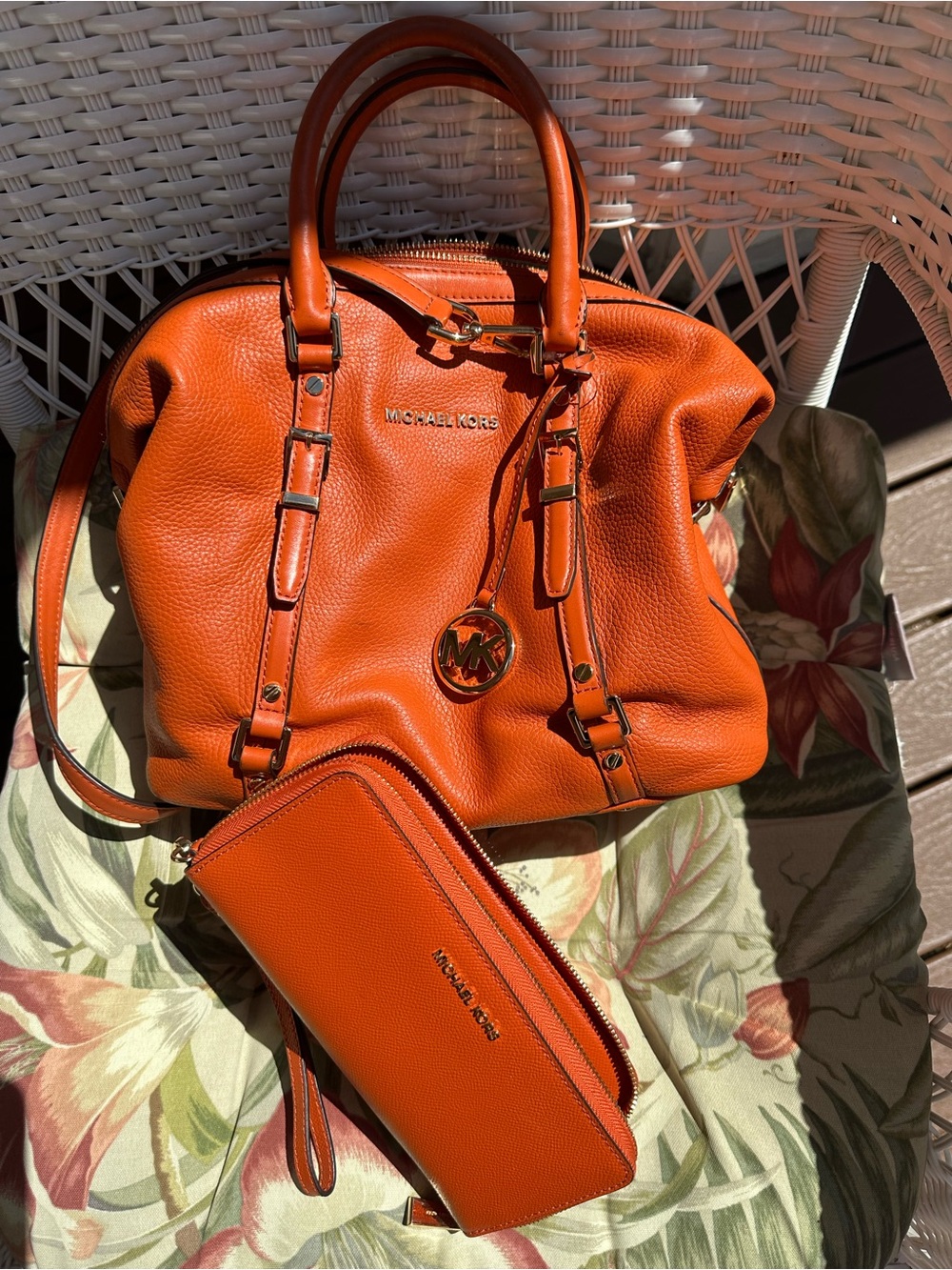 MICHAEL KORS Orange Pebbled Leather Satchel with Matching Wallet